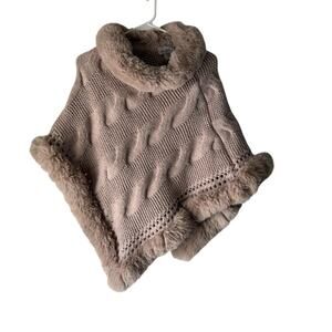 Le Moda Sweater Poncho Womens‎ One Size Pink Cable Knit Faux Fur Trim Cowl Cozy
